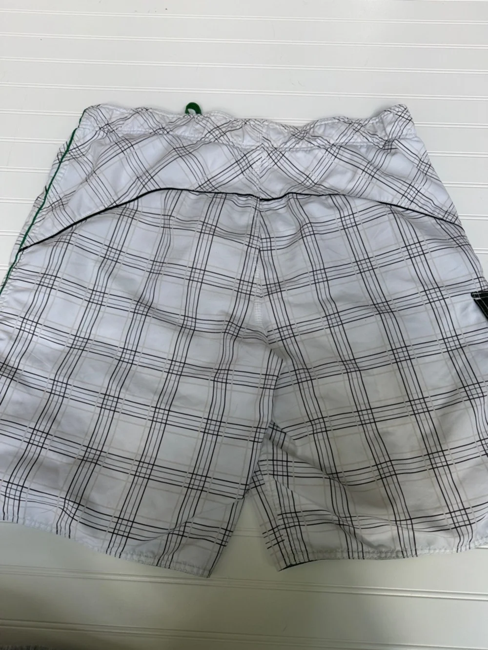 (117)Joe Boxer White Plaid Swim Board Shorts with Green Trim